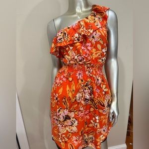 Bright Orange Floral botanical mini dress size S Small one shoulder ruffles